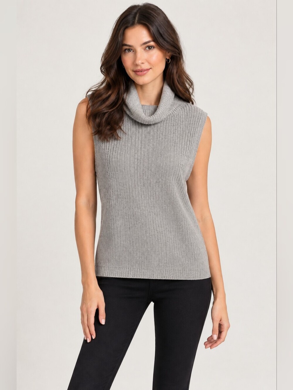 BABATON Sleeveless Ribbed Silk Blend Turtleneck Sweater - Sz S Gray Minimalist